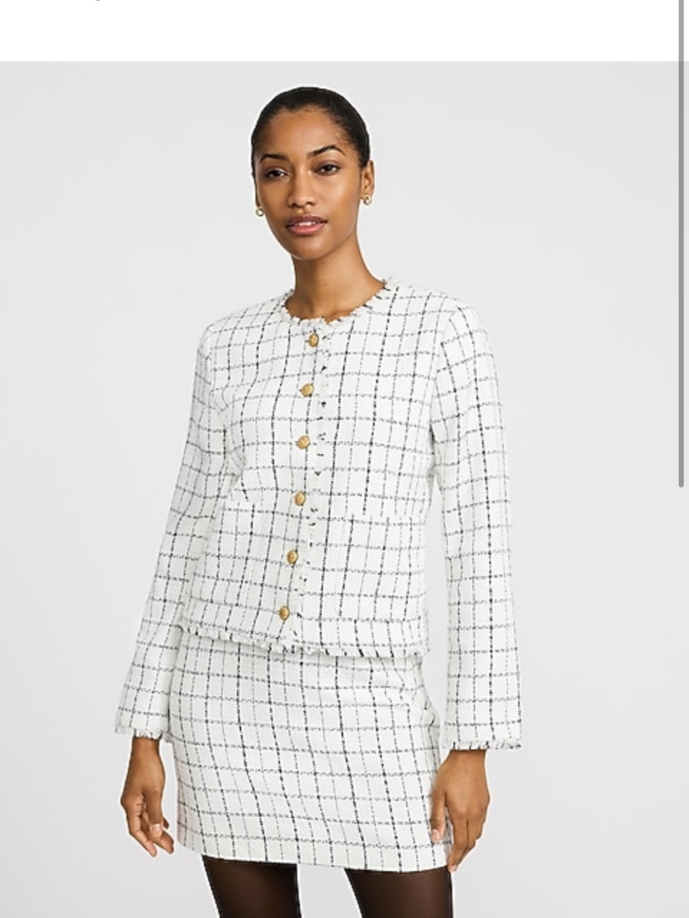 Express White Tweed Plaid Jacket with Gold Buttons